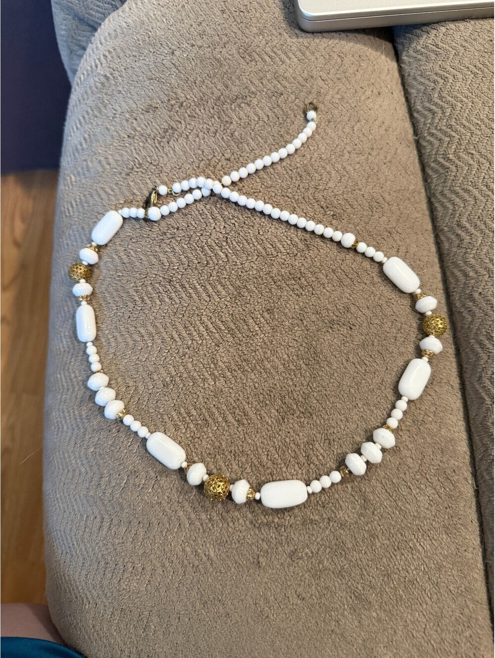 Vintage White Milk Glass Bead Necklace Gold Tone Filigree Ball Mid Century 60s